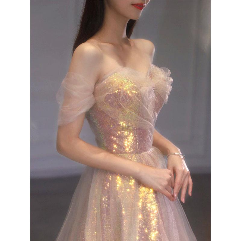 Evening Dress, New Mermaid Dress, Fairy Toast Dress, Bride One-word Shoulder Mesh Yarn, Thin Banquet Host Fairy