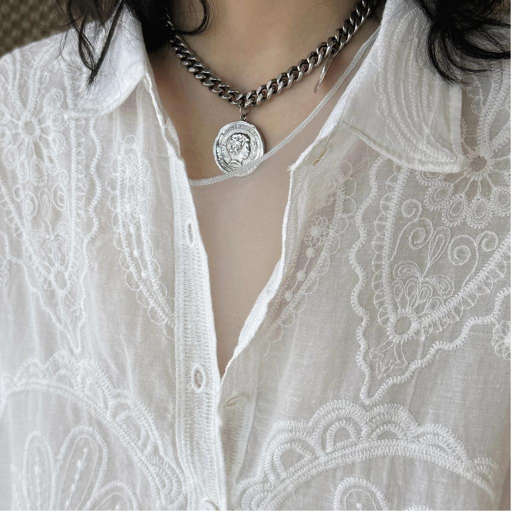 Spring And Summer French Retro Temperament Embroidered Cashew Pattern Shirt, Lightweight See Through Top For Women