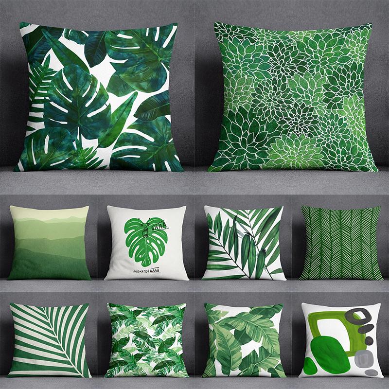Green Leaf Series Printed Pillowcase Modern Home Bedroom Living Room Sofa Cushion Cover 45x45cm Peach Skin Pillowcase