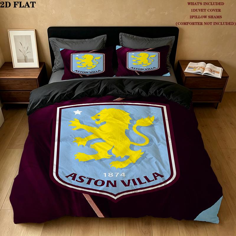 Aston Villa FC Pattern Bedding Home Decoration Birthday Gift ( 1 duvet cover + 2 pillowcase, without core),fan merchandise.