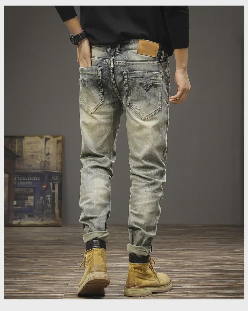 Pánské retro džíny s roztrhaným vzorem a úzkým střihem na jaro a léto