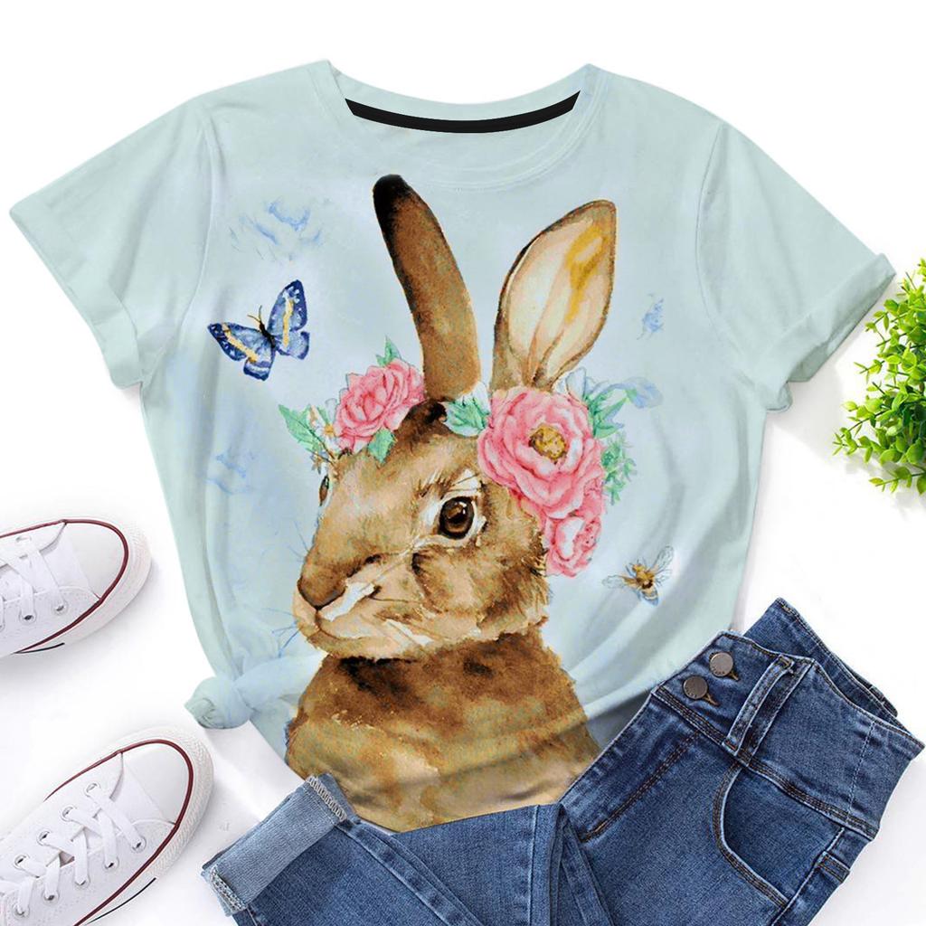 Cute Rabbit Floral Print Casual Round Neck Short Sleeved Summer Fresh Women's Top 3D Digital Print 3443 EMA