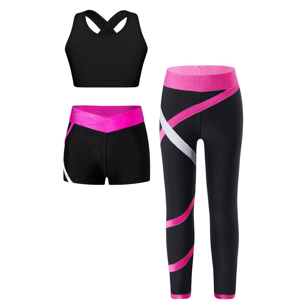 Girls U Neck Cropped Vest Cross Back Keyhole Contrast Color Pants Shorts 3Pcs Sports Set