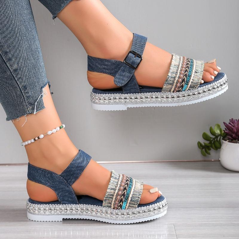 

Fashion Ladies Shoes 2025 Fashion Buckle Strap Women s Sandals New Casual Tassel Summer Plus Size String Bead Open Toe Flat Sandals 43 синий