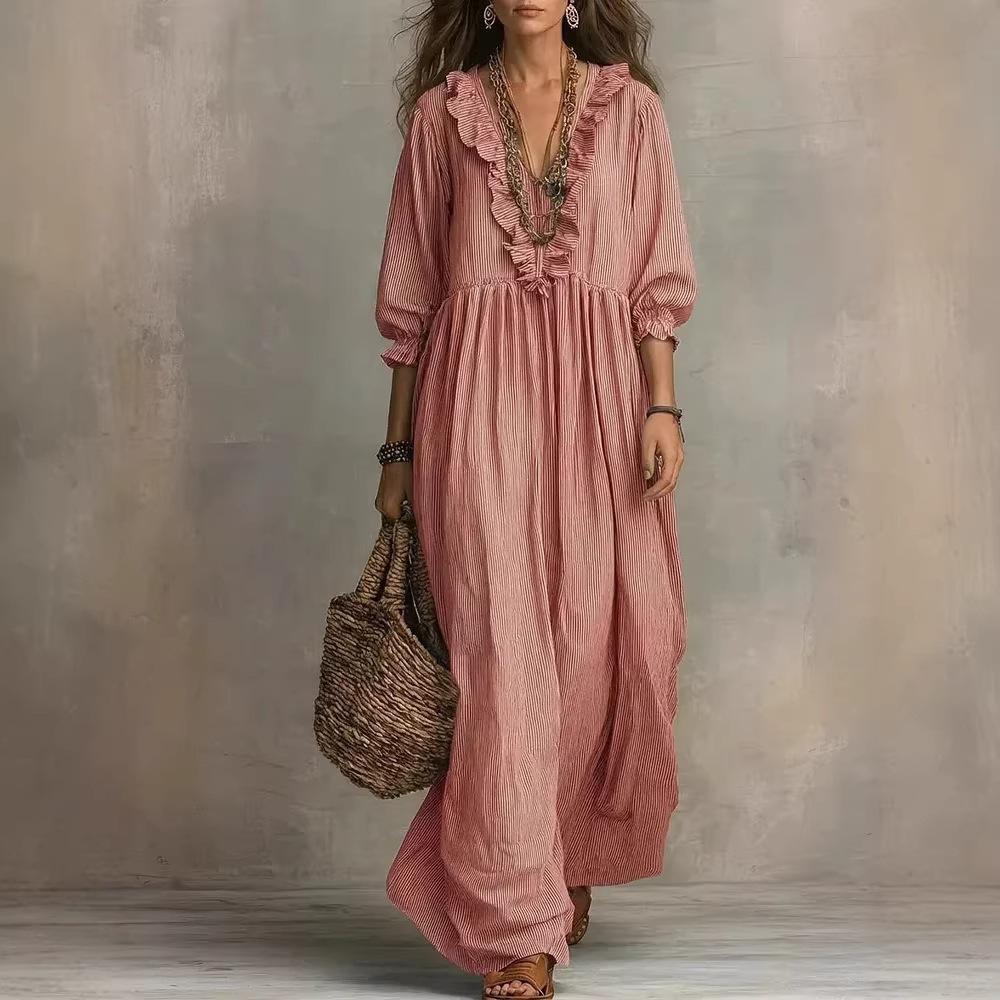 Abito Maxi da Donna a Righe con Volant e Scollo a V, Casual, Vestibilità Larga, Vita Alta, Lungo