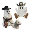 Halloween Cowboy Ghost Statue Cute Ghost Walking Dog Resin Crafts Tabletop Ornaments for Indoor Outdoor Halloween Decoration