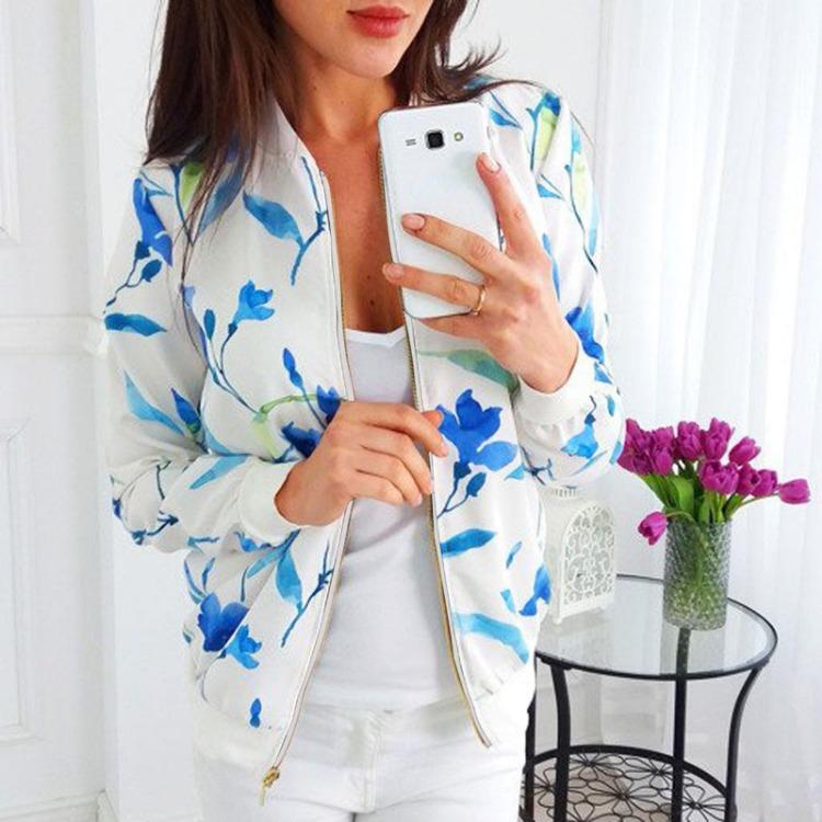 Retro Floraldruck Damen Jacke mit Reißverschluss Lässiger Mantel Oberbekleidung Tops