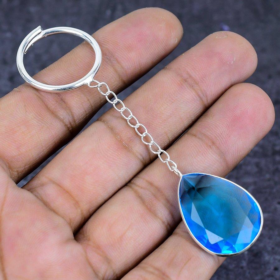 Natural Swiss Blue Topaz Gemstone 925 Sterling Silver Jewelry Keychain 3.15" ETC-13847
