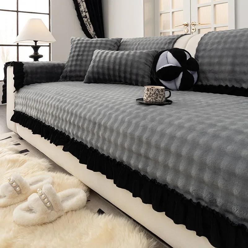 

Winter Thick Plush Non-slip Advanced Light Luxury Anti Slip Cushion And New Nordic Straight Line Sofa Full Cover Sofa Cover 70x70cm 1pcs сірий