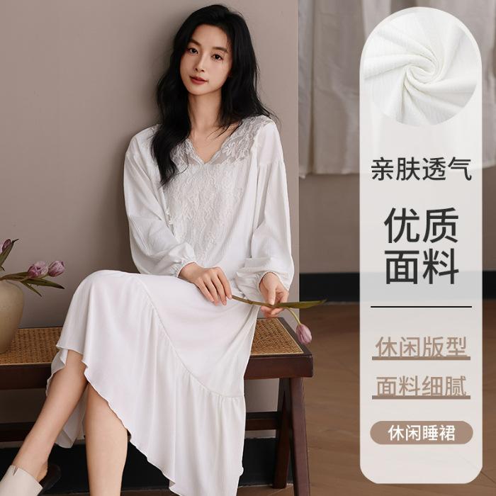 A single drive DNU imitation cotton crepe pajama women's spring and autumn long-sleeved lace dress women's home