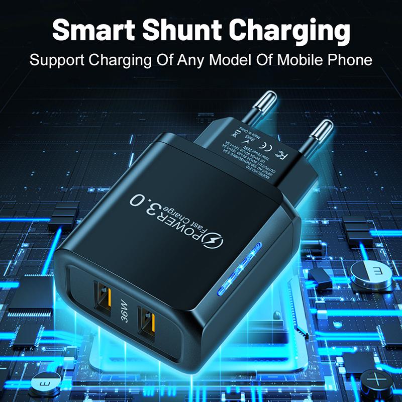 Încărcător de perete USB dual 5V3A Iluminare LED Încărcare rapidă Conexiune UE SUA Adaptor de alimentare QC 3.0 pentru Iphone 11 12 13 Pro Max Samsung Xiaomi