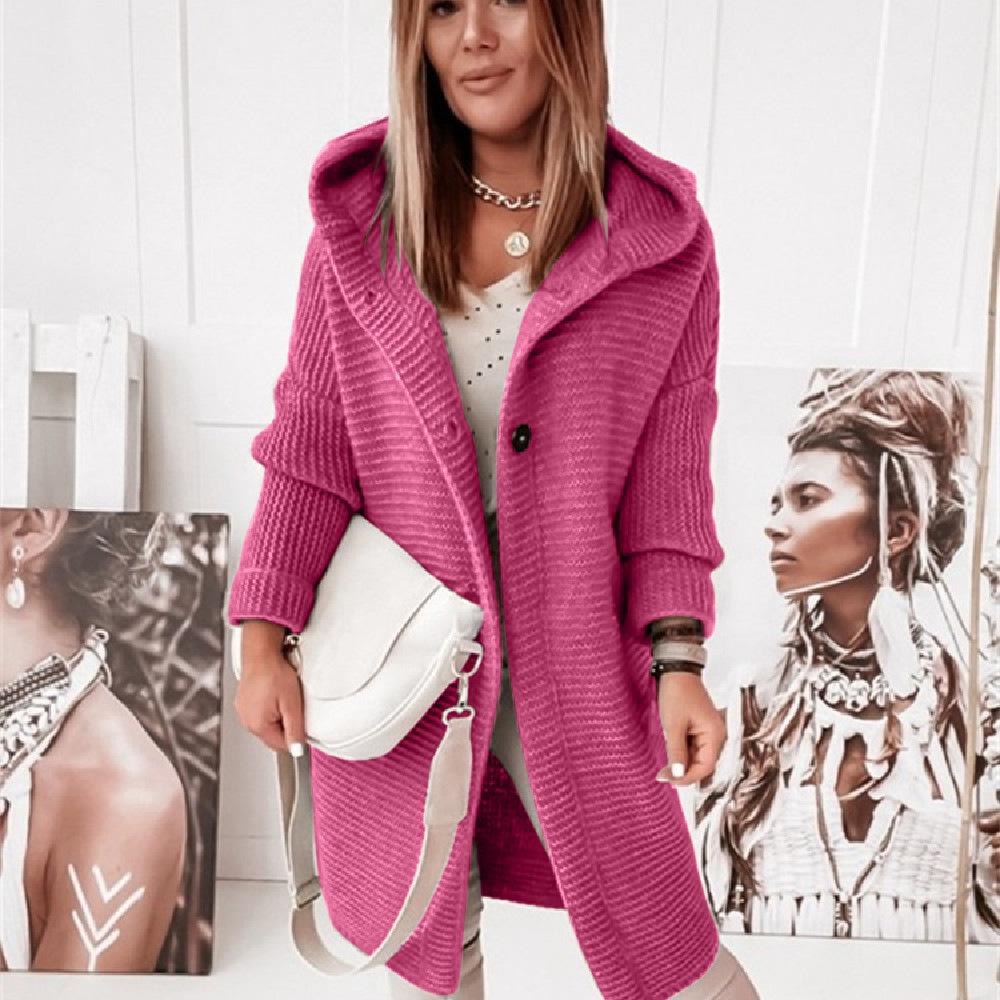 Cardigan for Women Autumn Fashion Button Front Casual Plain Long Sleeve Knit Loose Daily Long Hooded Cardigan Outerwear