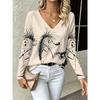 Autumn and Winter Ladies 3D Printed V-Neck Long Sleeve T-Shirt