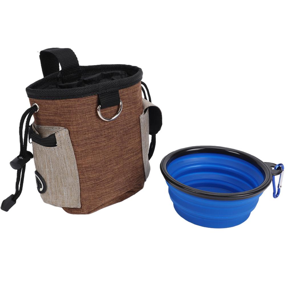 Dog Treat Pouch Oxford Fabric Multiple Compartments Adjustable Belt Pets Training Treat Pouch with Foldable Bowl Coffee