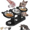 Anti-Slip Elevated 3-Bowl Pet Feeder Set, Raised Cat and Small Dog Food Water Bowls with Stand, Neck Strain Relief (Black)