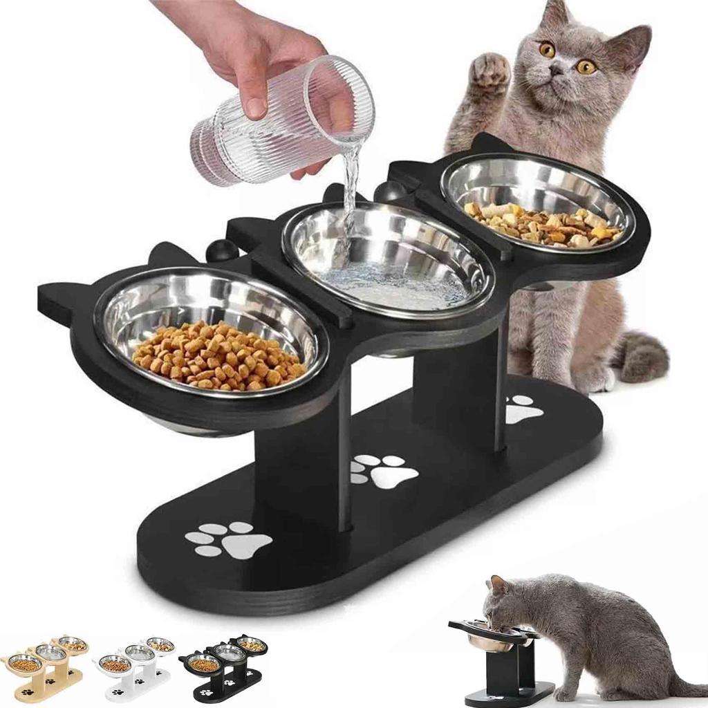 Anti-Slip Elevated 3-Bowl Pet Feeder Set, Raised Cat and Small Dog Food Water Bowls with Stand, Neck Strain Relief (Black)