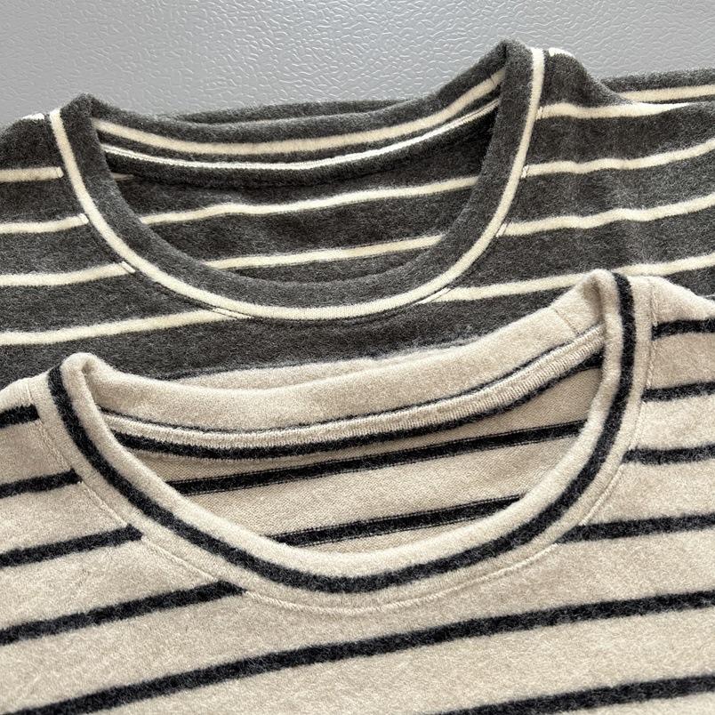 Women's Spring Arrival Velvet Short Sleeve Retro Stripe Loose T-Shirt - Round Neck Casual Versatile and Age-Reducing Top