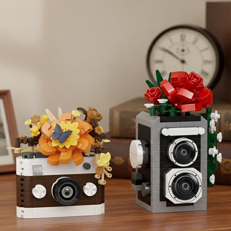 Slr Retro Camera Mirror Flower Model Building Block Set-Creative Trendy Ornament Educational Toy For Children Gift Ornament