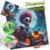 Punk Skeleton Driving Vintage Car Full Drill Diamond Painting Kit, Halloween Glowing Pumpkin Full Moon Bat DIY Diamond Art Decor Gift