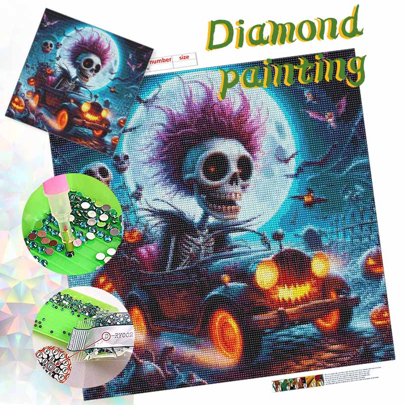 Punkový kostlivec řídící vintage auto, sada na malování diamantem s plným vrtákem, Halloweenská svítící dýně, plný měsíc, netopýr, DIY diamantové umění, dekorace, dárek