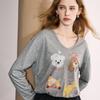 SanCai 2025 Autumn Cute Pet Print U-Neck Long-Sleeve T-Shirt