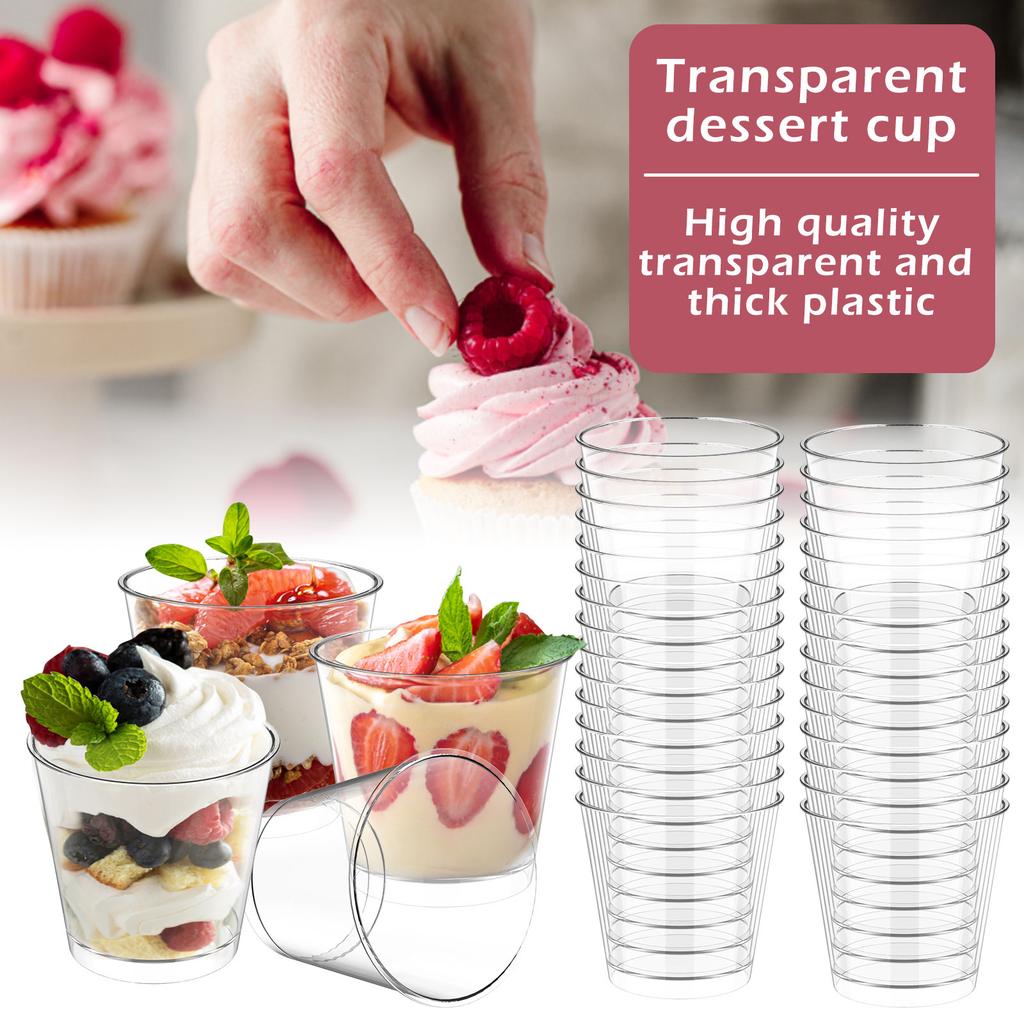 50Pcs Dessert Cups 200ML Round Parfait Appetizer Cups Plastic Dessert Cup for Pudding Mousse Yogurt Snacks Party Supplies