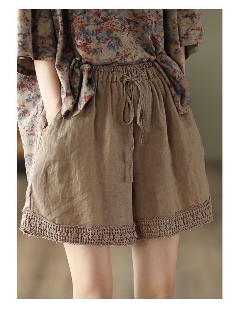 2025 Sommer Retro Häkeln Baumwolle Leinen Damen Spitzen-Shorts - Schlankmachende Gerade Bein Freizeithose