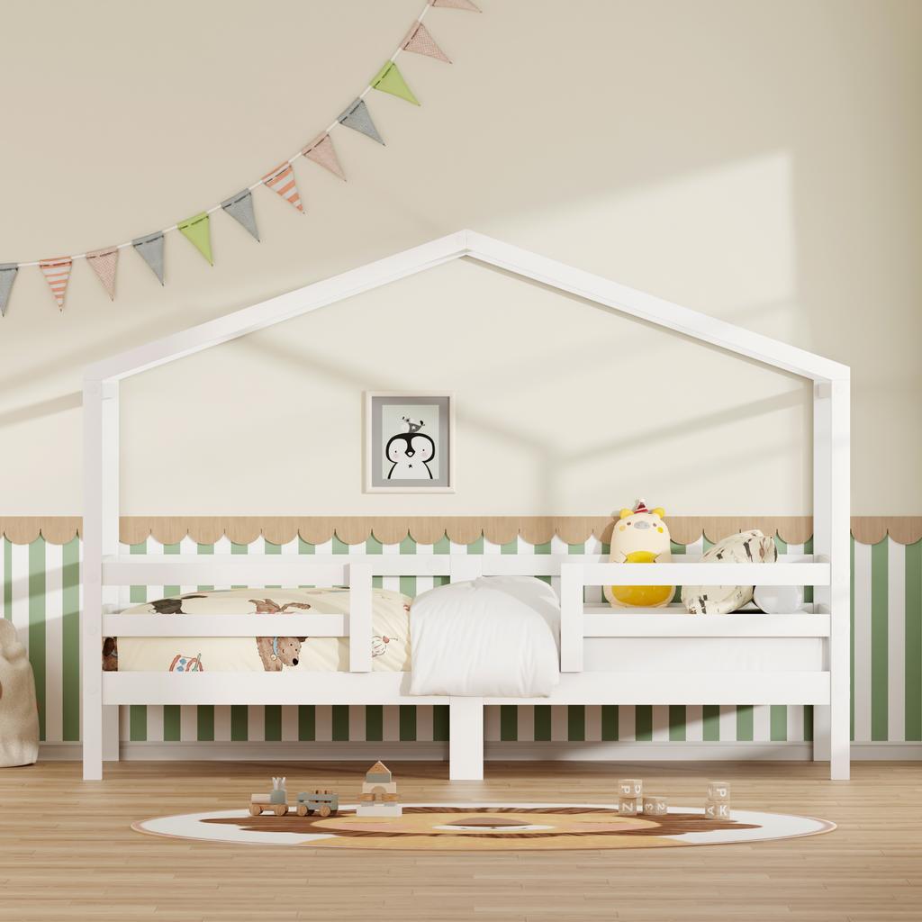 House Bed 90x200 cm, pine, house roof design, three-sided fall protection, slatted frame included, without mattress, color white, DE603090WT