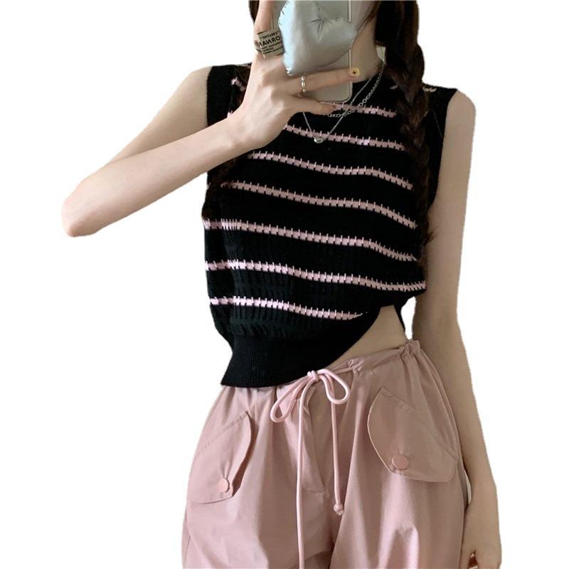 Modische gestreifte Strickweste Damen Sommer Neu Tragen Eine süße und würzige Ärmellose Kurzjacke für Draußen