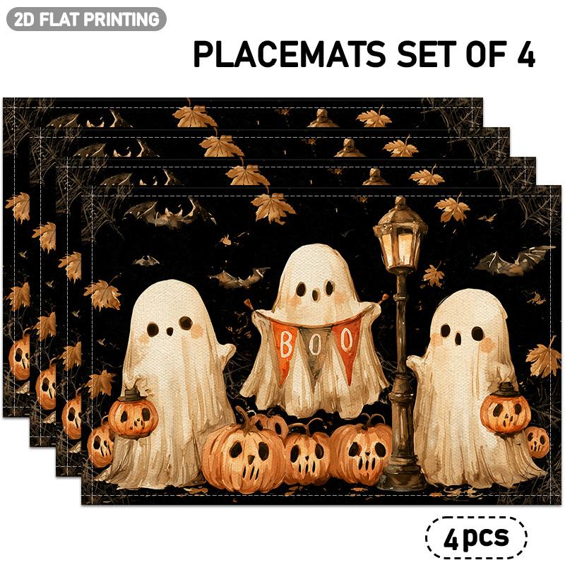 4pcs/6pcs Placemats Suitable for Halloween Themed Table Decor, Bat, Pumpkin & Fall Table, Artificially Sewn/Printed Rectangular Dining Table Protector