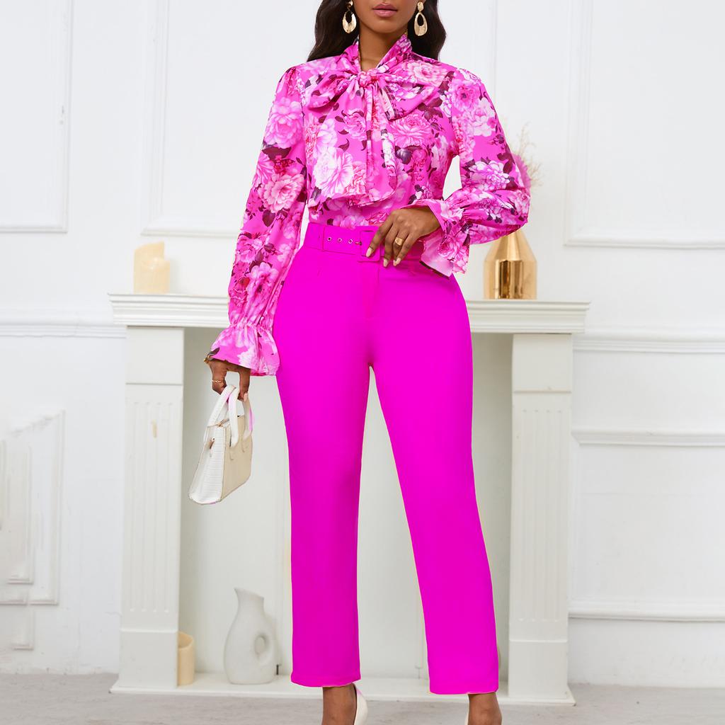 Women's 2 Piece Set Vintage Fashion Print Long Sleeve Shirt+Pants 2 Piece Office Set Casual Elegant Women's 2 Piece Set with Belt