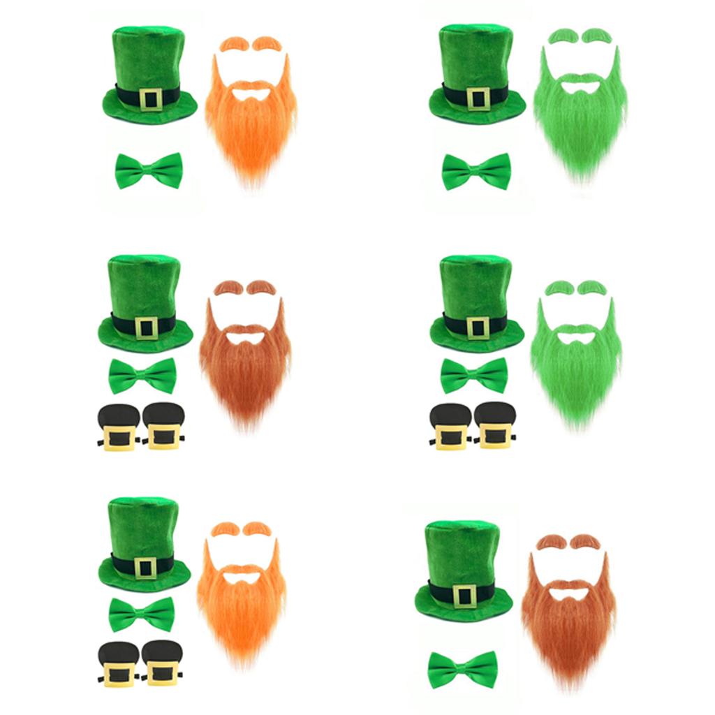 StPatrick Day Beard Hat Bowtie Costume Set for Family Gathering Carnival Party Celebration Props Irish Holiday Supply