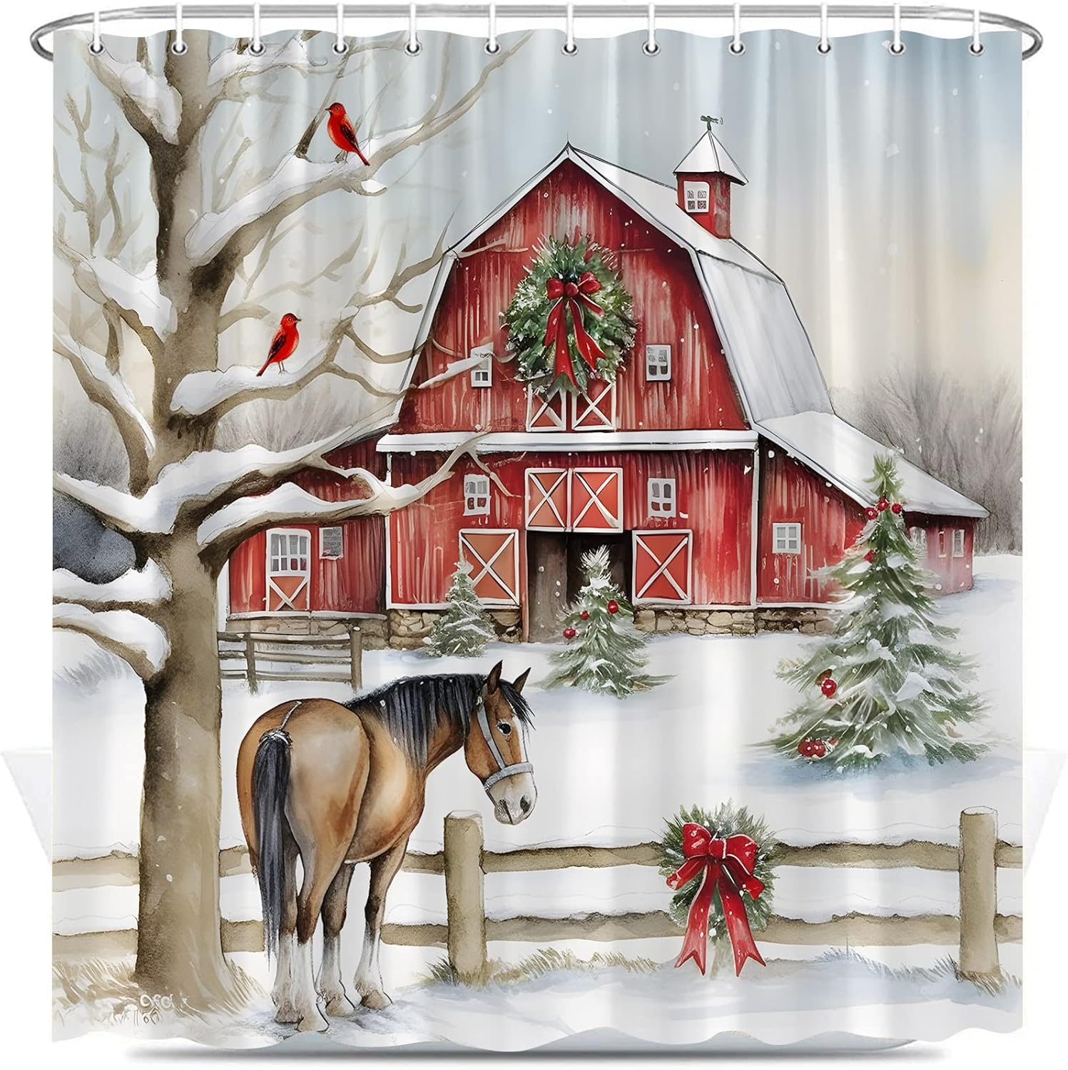 

Winter Farm Shower Curtain Country Barn Wreath Horses Green Pine Tree Red Bird Snow Fence Vintage Rustic Happy New Year Holiday 90x180CM