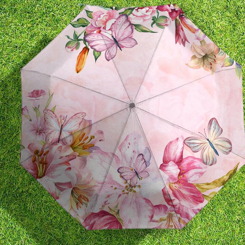1 Stück Blumen Schmetterling Automatischer Faltregenschirm, Robuster 8-Rippen-Eisenrahmen, Geeignet für Reisen, Täglichen Gebrauch, Geburtstag, Dekorationsgeschenk m0104019