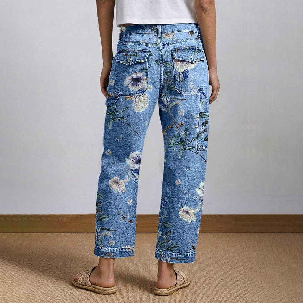 Women's & Versatile High-Waisted Denim Trousers With Floral Print