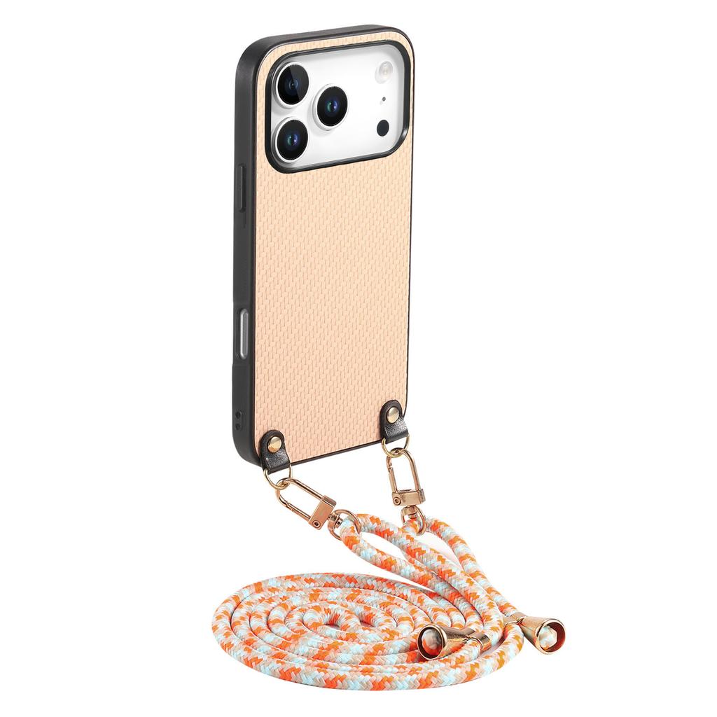 For iPhone 17 Pro Case Carbon Fiber Texture PU+PC+TPU Anti Drop Phone Cover with Crossbody Lanyard