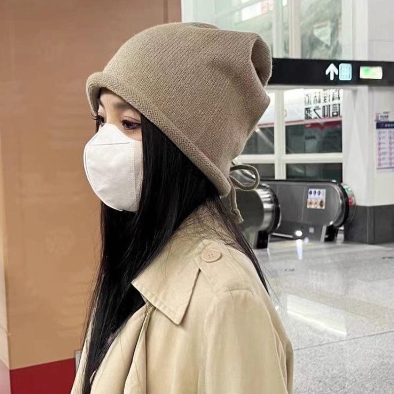 Pile Hats Women's Autumn and Winter Versatile Warm Hemming Knitted Cold Hats Big Head Circumference Showing Face Small Wool Hats