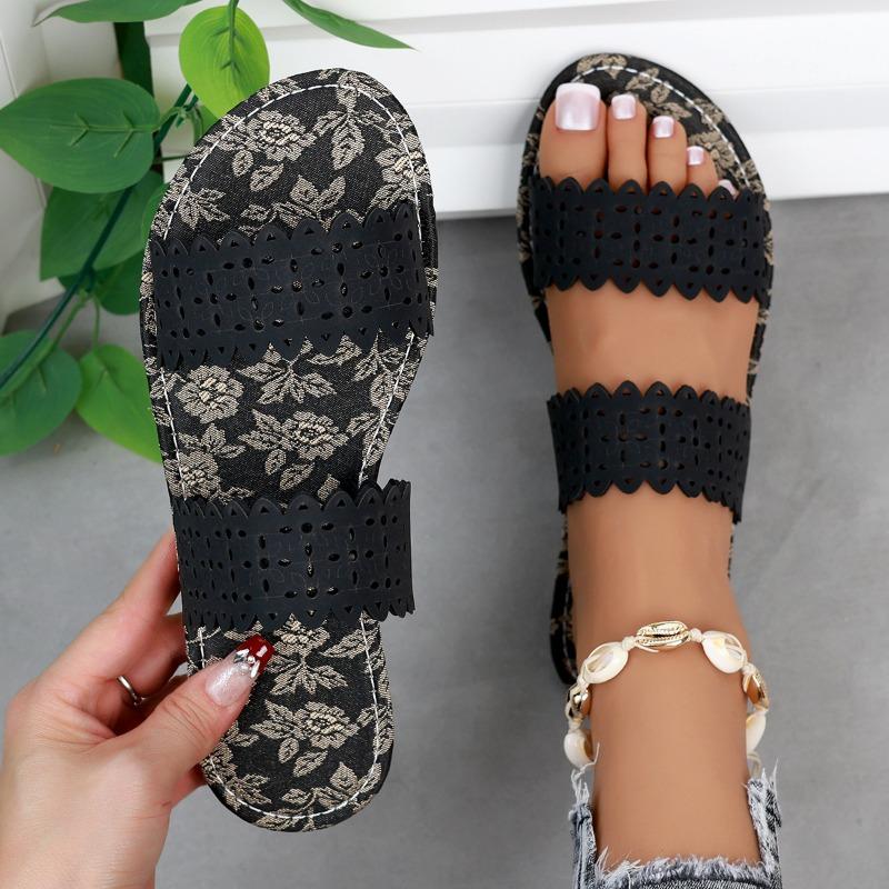 Summer Outer Wear One Word Flip Flops Printed Hollow Out Fashion Lightweight Casual Sandal Flops