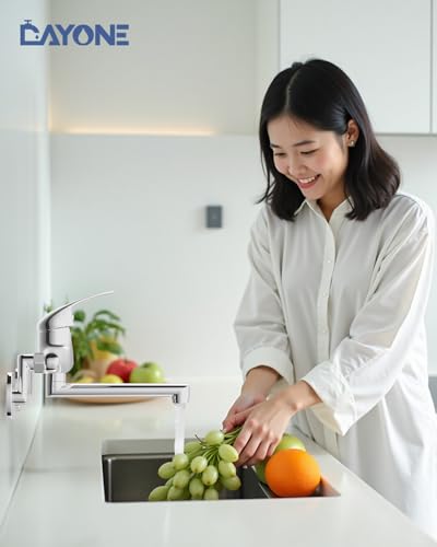 DAYONE Kitchen Wall-Mounted Single-Lever Mixer Faucet, Space-Saving Design, 360° Rotating Water-Saving Shower, Foaming Water Flow, Antibacterial and R
