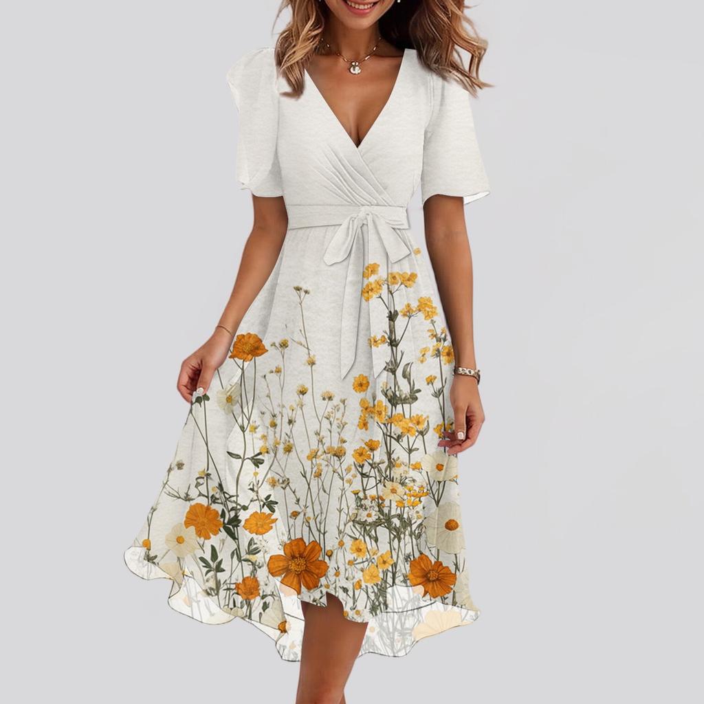 Women's Fashion Casual V Neck Short Sleeve Ruffled Vintage Printed Dresses