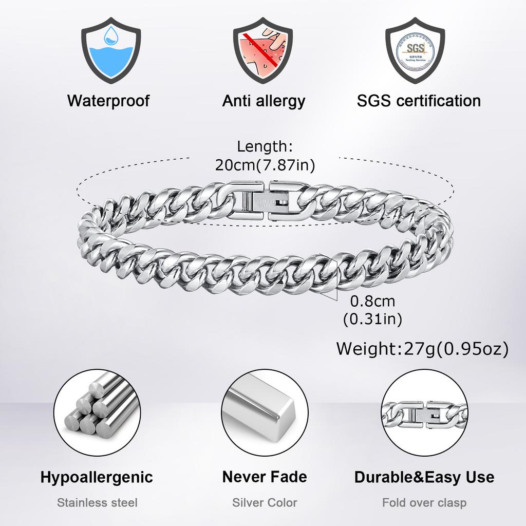 6-12MM Kubanische Kette Herren Armband, Wasserdicht Edelstahl Figaro Gliederkette Armband, Punk Schmuck Geschenke