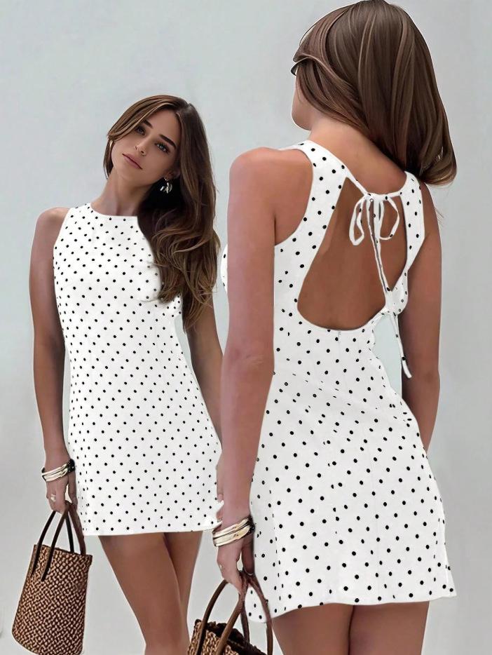2026 Spring/Summer Women's Polka Dot Print Backless Bodycon Dress