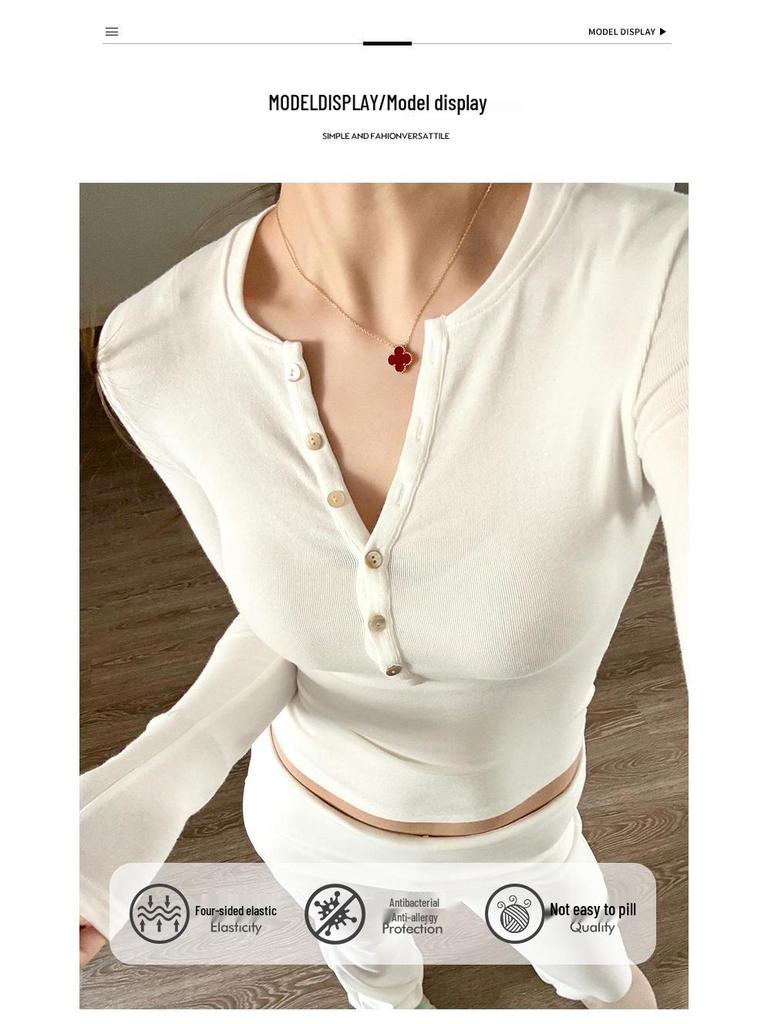 Women's Slim Fit Faux Cashmere Henley Top - Autumn/Winter Long Sleeve