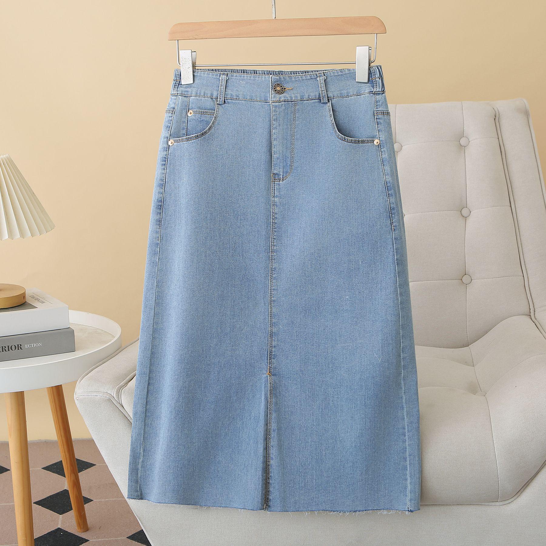 

2026 Plus Size Midi Denim Skirt with Slit & Elastic High Waist - Slimming, Hip-Hugging Design XL синій