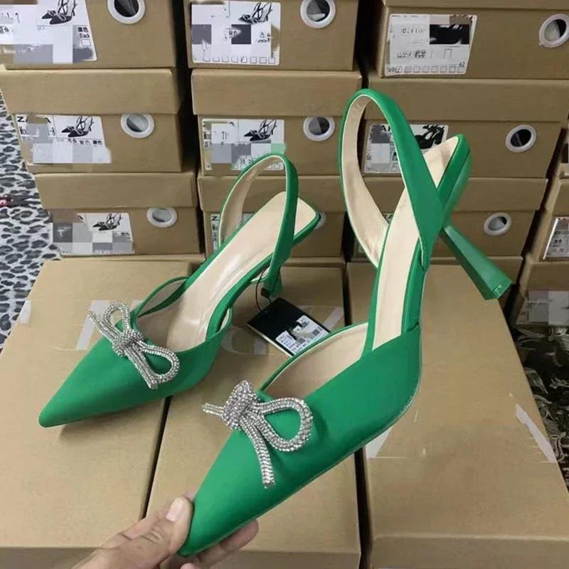 Fashion 2025 Women Blue Slingback Pumps High Heels Crystal Bowknot Party Dress Shoes  Sexy Pointed Toe Stiletto Heel Sandals Summer