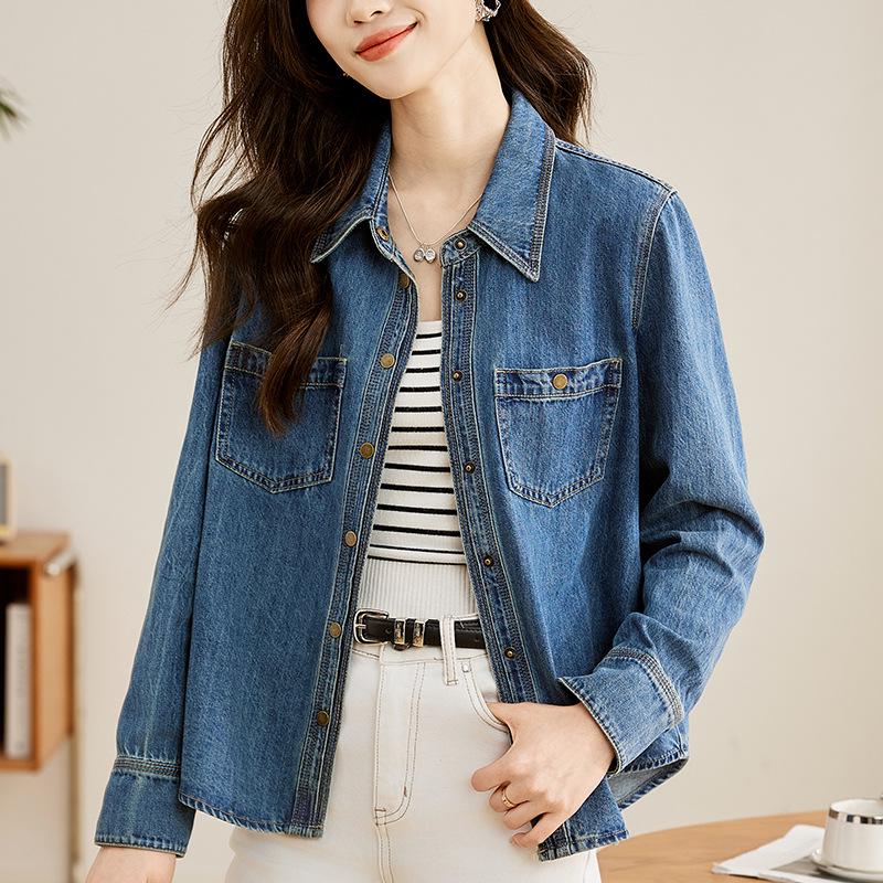 

Женская винтажная джинсовая рубашка-куртка с эффектом стирки - в корейском стиле, маленького размера, короткая, свободного кроя, повседневная для весны и осени 2024 L (recommended for 130-145 jin)