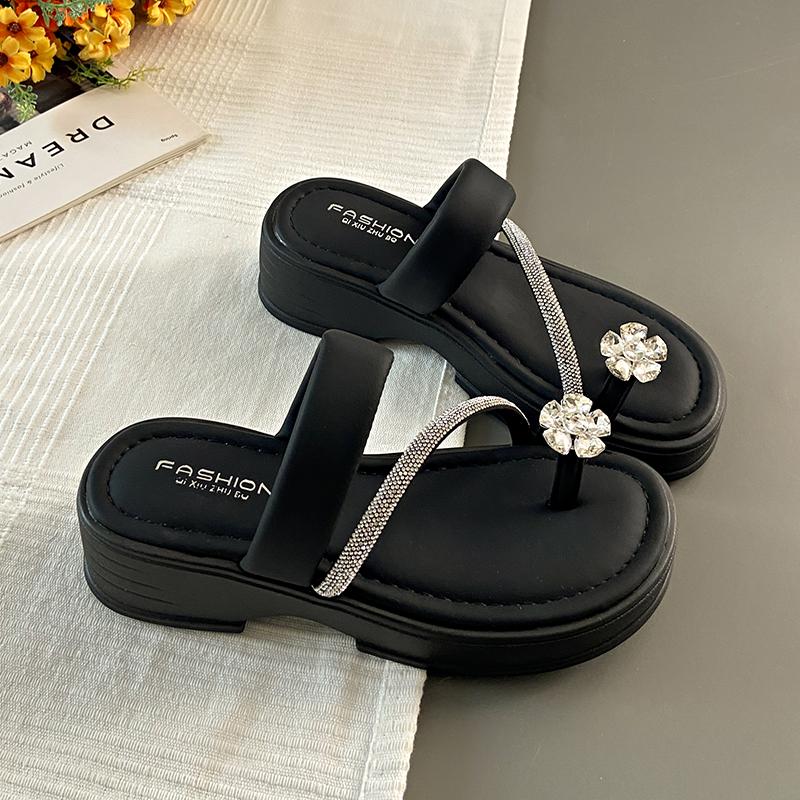 Fashion CRLAYDK Women's Flop Flops Sandals Soft Low Square Heel Casual Slippers Ladies Leather Dress Rhinestone Beach Slide Shoes