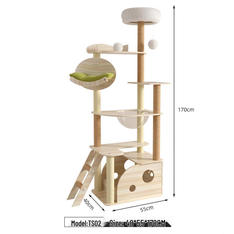 Large Wooden Cat Tree & Scratching Post with Space-Saving Design - Integrated Climbing Frame & House