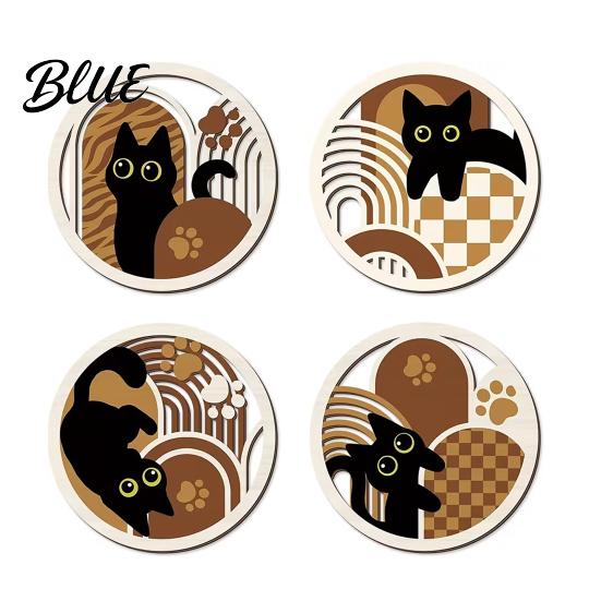 Solid Wood Decorative Flat Geometric Wooden Wall Cat Panels 4Pcs Decor 2D Hollow Art Prints Decor Art Modern Minimalist