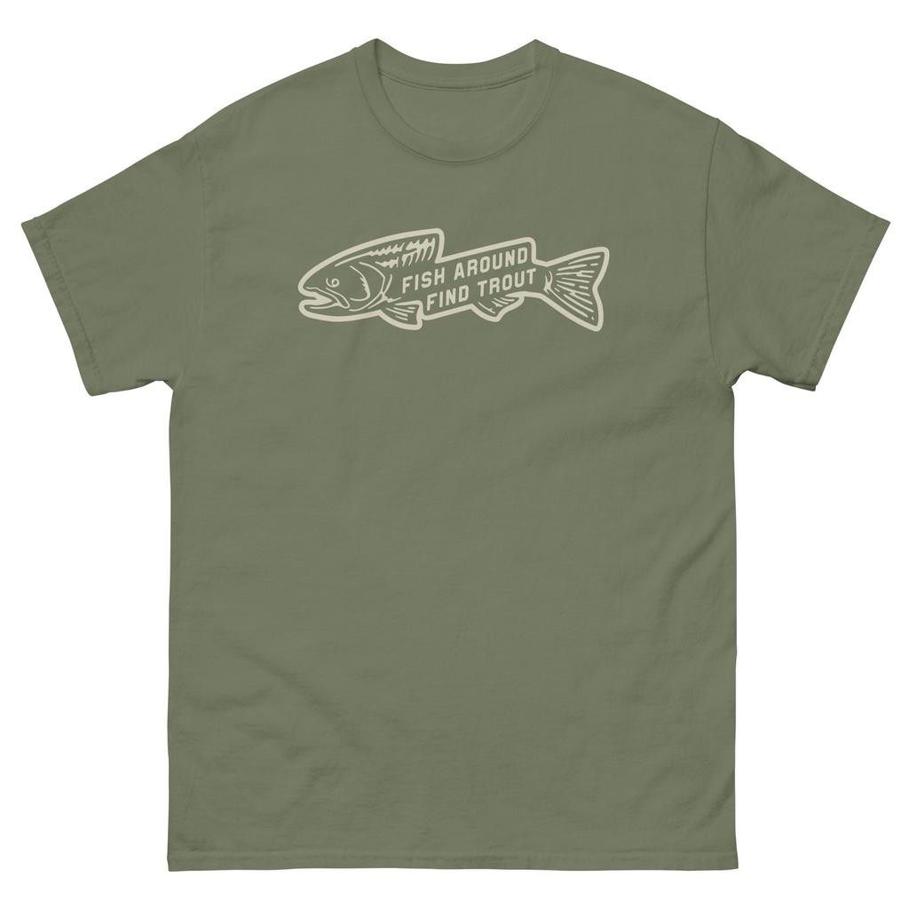 Fish Around Find Trout Fishing T Shirt Vintage Angler Fish Logo Tee